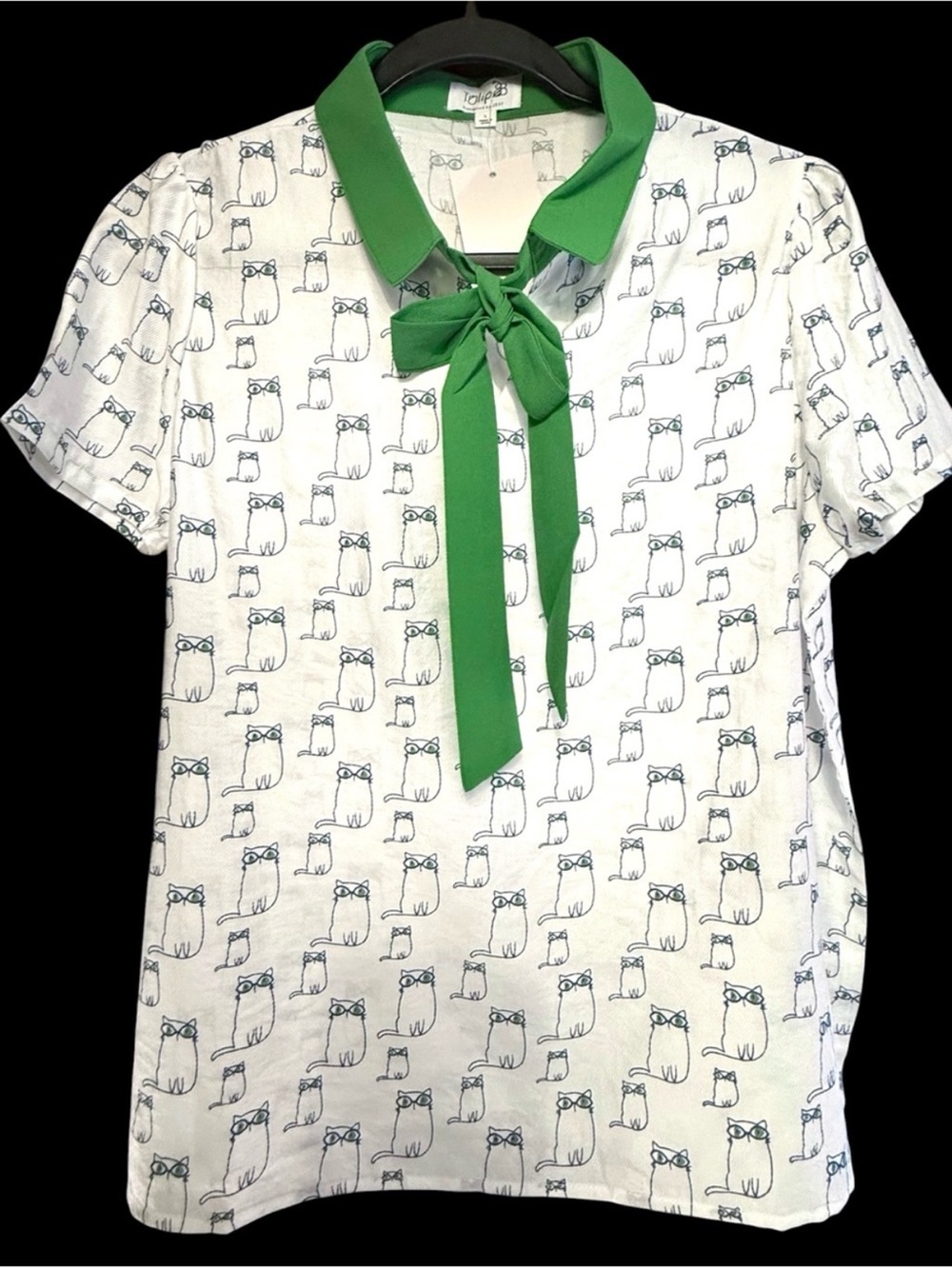 Tulip B Short Sleeve Green Front Tie Cat Print Retro Vibes Blouse. Size S - Picture 2 of 5